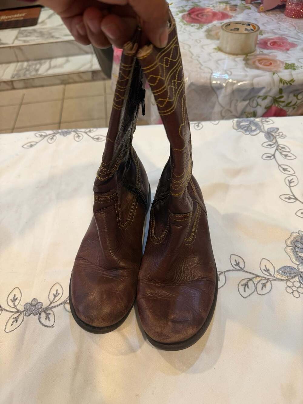 Frye Youth Leather Western Cowboy Boots Brown Size 3.5